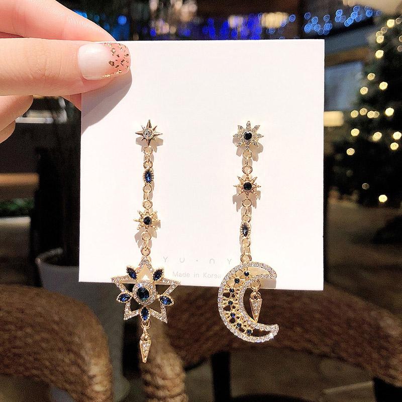 Bông Tai Tòn Teng Bất Đối Xứng Trăng Sao Đá Xanh