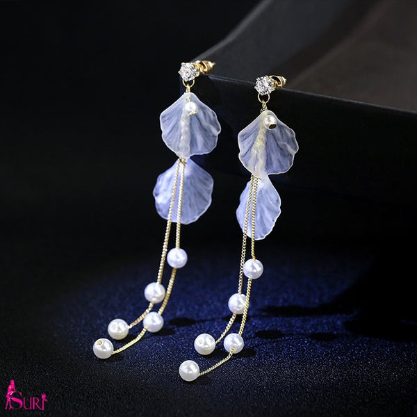 Bông Tai Tòn Teng Cánh Hoa Ngọc Trai Dáng Rơi