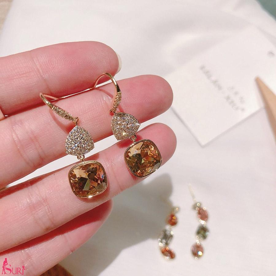 Bông Tai Đá Vuông Màu Trà Dạng Móc