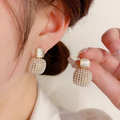 Bông Tai Tòn Teng Vuông Phối Hạt Trai Nhỏ Đính Đá Mắt Mèo