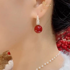 Bông Tai Khoen Dáng Giọt Nước Đính Đá Phối Hạt Trai Đỏ