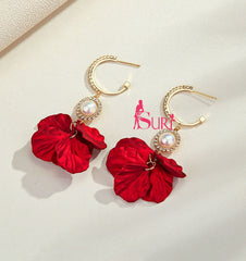 Bông Tai Tòn Teng Khoen Ngọc Trai Cánh Hoa Rơi Màu Đỏ