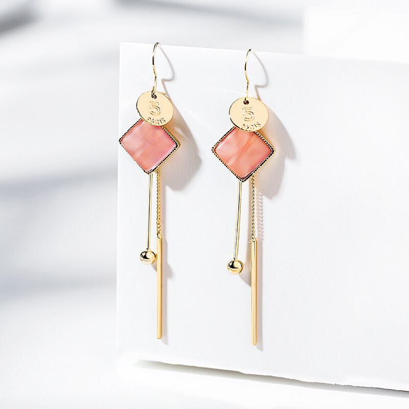 Bông Tai Tòn Teng Hình Thoi Đá Màu Cam Hồng