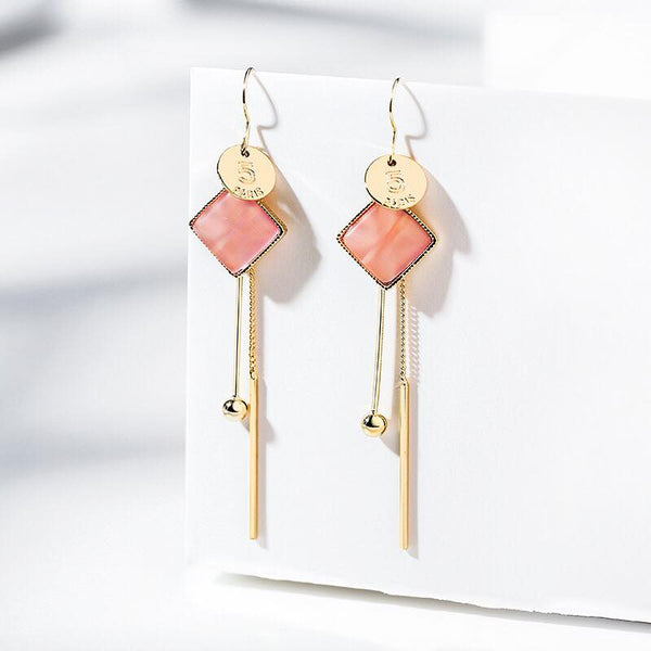 Bông Tai Tòn Teng Hình Thoi Đá Màu Cam Hồng