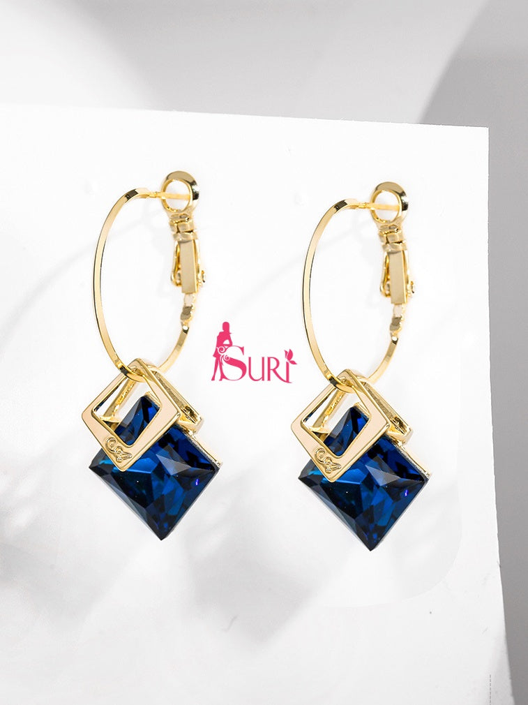 Bông Tai Khoen Tròn Vàng 2 Hình Thoi Đá Màu Siêu Xinh