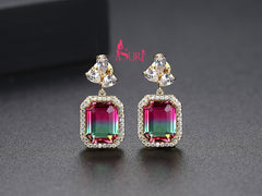 Bông Tai Đá Vuông Xanh Viền Đá Trắng