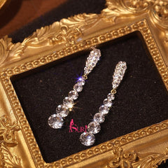 Bông Tai Tòn Teng Đá Tròn Trắng Dáng Dài 6 Hạt Siêu Sáng