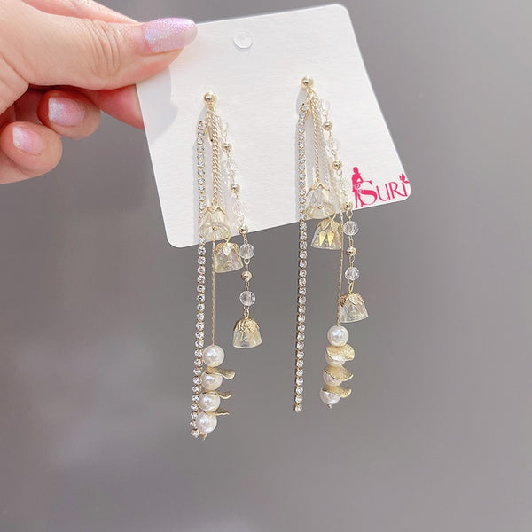 Bông Tai Tòn Teng Tua Rua Châu Ngọc Phối Hoa Pha Lê Lạ Mắt