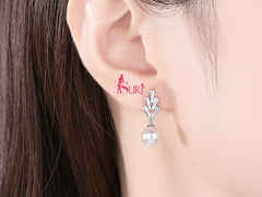 Bông Tai Tòn Teng Ngọc Trai Đính 5 Hạt Đá Vuông