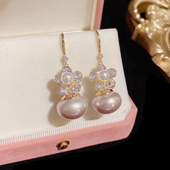 Bông Tai Tòn Teng Hoa Đá Phối Ngọc Trai Xám Nâu Dạng Móc