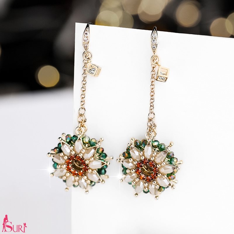 Bông Tai Tòn Teng Hoa Đính Cườm Nhiều Màu