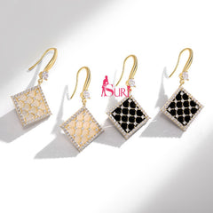 Bông Tai Tòn Teng Hình Thoi Họa Tiết Caro Đính Đá Dạng Móc