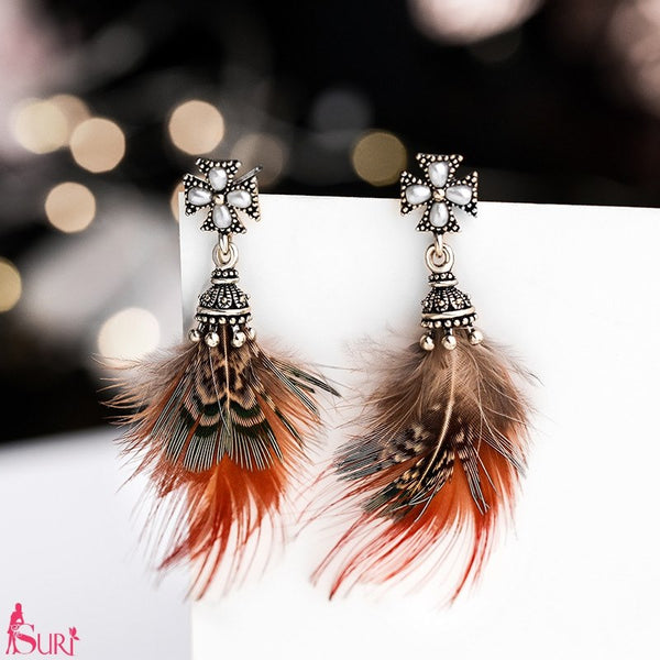 Bông Tai Tòn Teng Lông Vũ Cam Đính Ngọc Trai