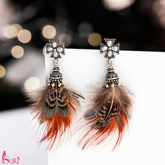 Bông Tai Tòn Teng Lông Vũ Cam Đính Ngọc Trai