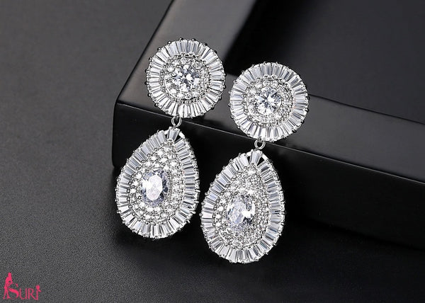 Bông Tai Tòn Teng Đá Trắng Tròn+ Giọt Nước Cao Cấp