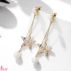 Bông Tai Tòn Teng Ngọc Trai Hoa Đá 5 Cánh Nhọn