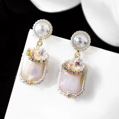 Bông Tai Ngọc Trai Đá Hồng Xà Cừ Nữ Tính