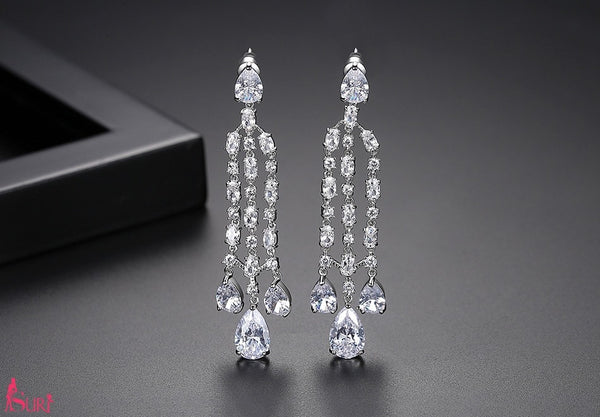 Bông Tai Tòn Teng Tua Rua 3 Sợi Đính Đá Giọt Nước