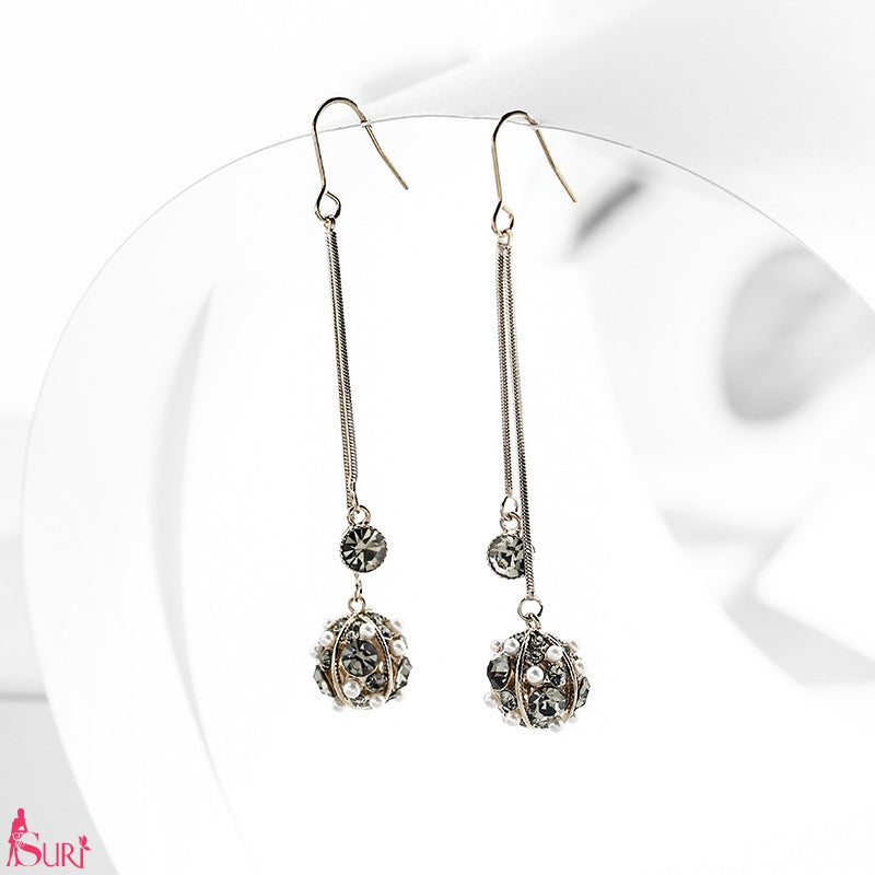 Bông Tai Tòn Teng Cầu Đá Xám 2 Sợi Dạng Móc