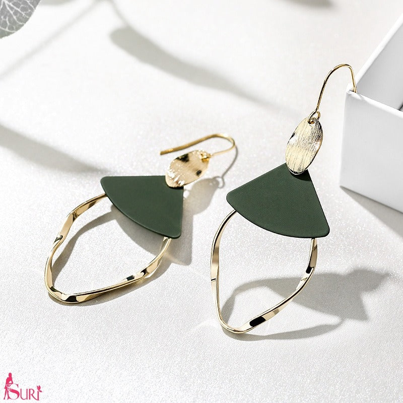 Bông Tai Tòn Teng Gợn Sóng Vàng Tam Giác Xanh Dạng Móc