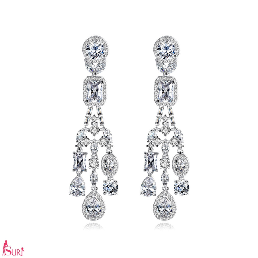 Bông Tai Tòn Teng 3 Sợi Tua Rua Đá Trắng Cao Cấp Ver 2