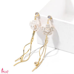 Bông Tai Tòn Teng Vàng Hoa 5 Cánh Nhụy Ngọc Trai