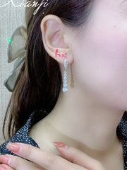 Bông Tai Tòn Teng Đá Tròn Trắng Dáng Dài 6 Hạt Siêu Sáng