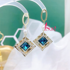 Bông Tai Tòn Teng Ngọc Trai Hình Thoi 3 Lớp Đá Xanh