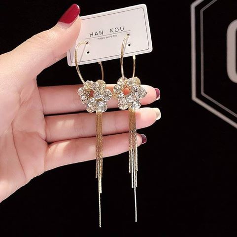 Bông Tai Khoen Hoa Đá Tua Rua Vàng