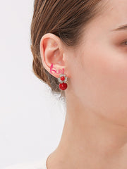 Bông Tai Tòn Teng Hoa 3 Cánh Đá Vuông Nhụy Ngọc Trai Đỏ