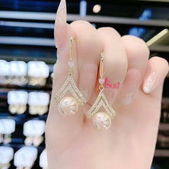 Bông Tai Tòn Teng Ngọc Trai 2 Hàng Đá Trắng Dạng Móc