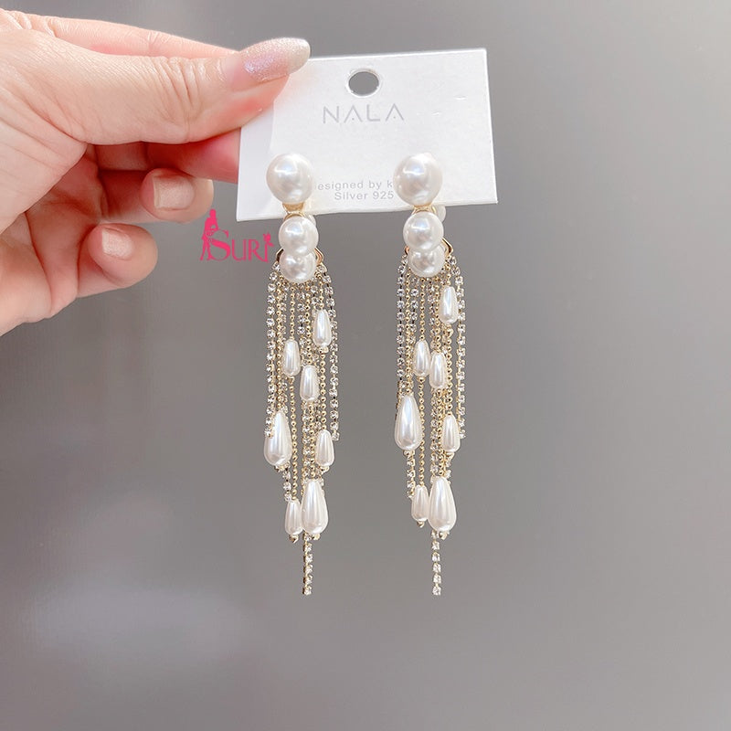 Bông Tai Tòn Teng Khoen Khuyết Ngọc Trai Phối Tua Rua Hạt Châu Giọt Nước Đính Đá