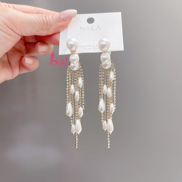 Bông Tai Tòn Teng Khoen Khuyết Ngọc Trai Phối Tua Rua Hạt Châu Giọt Nước Đính Đá