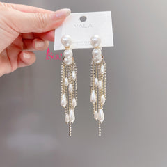 Bông Tai Tòn Teng Khoen Khuyết Ngọc Trai Phối Tua Rua Hạt Châu Giọt Nước Đính Đá