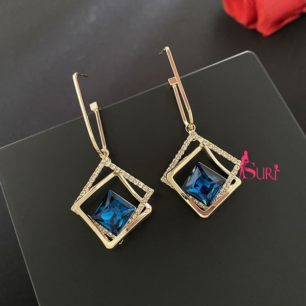 Bông Tai Tòn Teng Khoen Vuông Hình Thoi 3 Lớp Đá Xanh