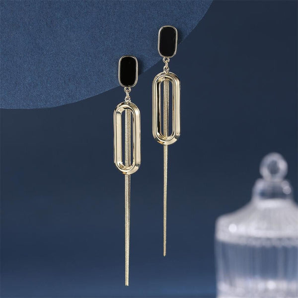 Bông Tai Tòn Teng Hình Chữ Nhật Vàng Bo Cạnh Phối Dây Mảnh Lạ Mắt