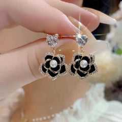 Bông Tai Tòn Teng Hoa Hồng Đen Trái Tim Đá Siêu Yêu