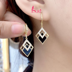 Bông Tai Tòn Teng Khoen Hình Thoi Đen Phối Đá Trắng Cá Tính