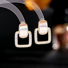 Bông Tai Tòn Teng Hình Học Vuông Đính Đá Ánh Xà Cừ Siêu Xinh