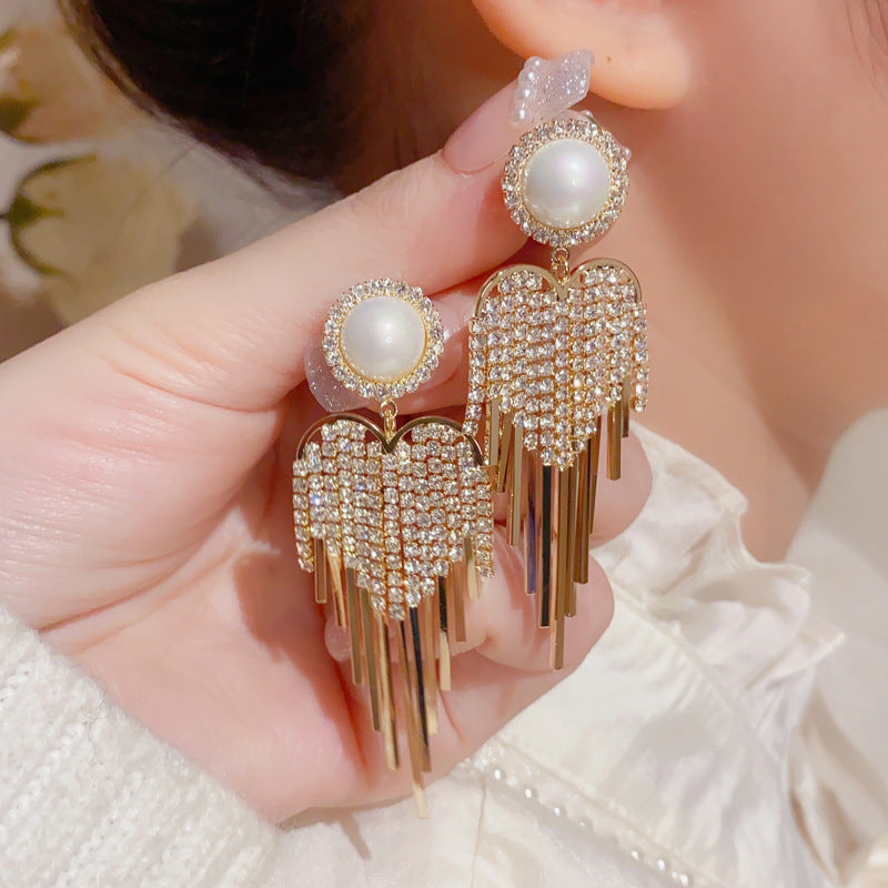 Bông Tai Tòn Teng Dáng Trái Tim Đính Đá Tua Tua 2 Màu