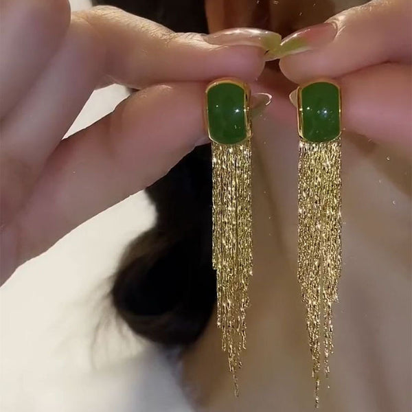 Bông Tai Tòn Teng Đá Chữ Nhật Xanh Lá Tua Rua Vàng Dáng Dài