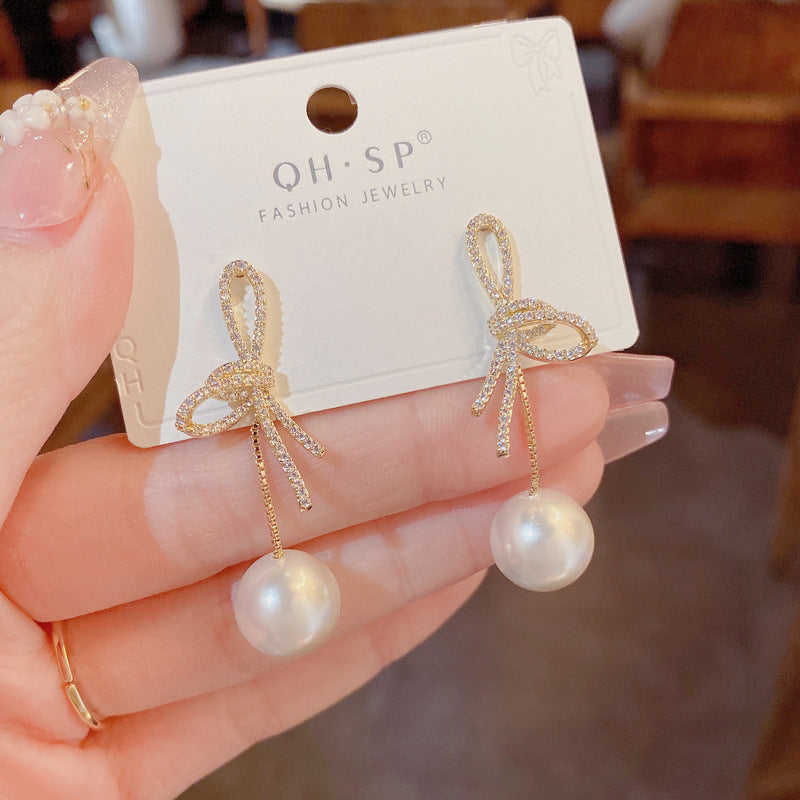 Bông Tai Tòn Teng Nơ Đá Phối Ngọc Trai Nữ Tính