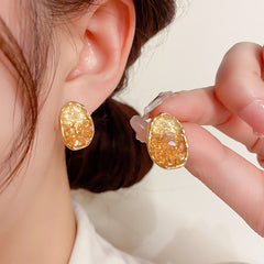 Bông Tai Hình Học Oval Phối Đá Pha Lê Loang Màu