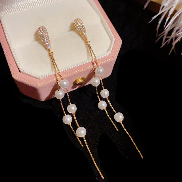 Bông Tai Tòn Teng Tua Rua Hạt Trai Dáng Rơi