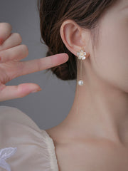 Bông Tai Tòn Teng Hoa Đá Xà Cừ 2 Lớp Phối Ngọc Trai Dáng Dài