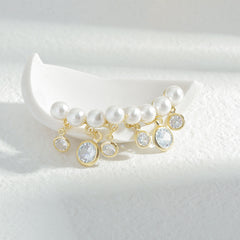 Bông Tai Ngọc Trai Vành Tai Phối 3 Hạt Đá Tròn Trắng Nữ Tính