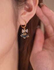 Bông Tai Tòn Teng Khoen Tròn Nơ Đá Trắng Phối Chùm Pha Lê Xinh Xắn