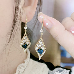 Bông Tai Tòn Teng Hình Thoi Phối Đá Trái Tim Xanh Coban Dạng Móc