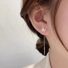 Bông Tai Hình Bướm Trắng Đính Đá Sát Tai Phối Dây Dài