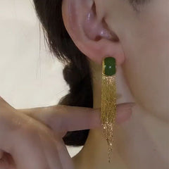 Bông Tai Tòn Teng Đá Chữ Nhật Xanh Lá Tua Rua Vàng Dáng Dài